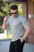 Erkek Bisiklet Yaka örgü Desenli Kısa örme Triko Kısa Kollu T-shirt resmi